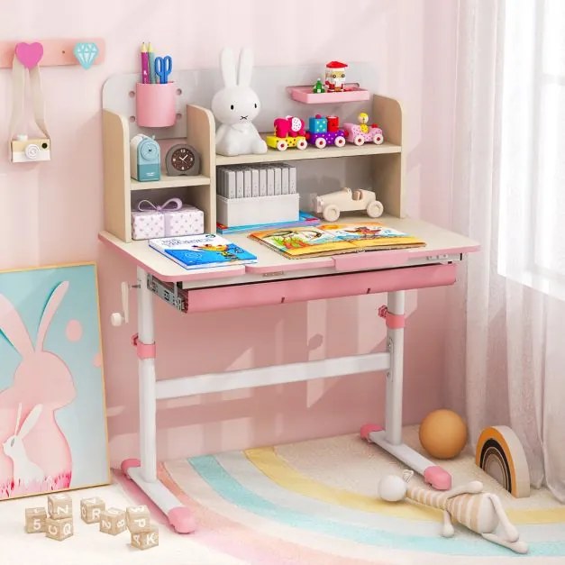 Secretária Infantil 80 x 51 x 88-110,5 cm com Altura Ajustável, Inclinável Gaveta Bandeja Estantes para Casa Escola Rosa