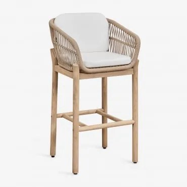 Taburete Alto De Jardim Em Madeira De Acácia E Corda Trançada Karvia ↑75 Cm & Marrom Acácia Claro & Tecido Branco - Sklum