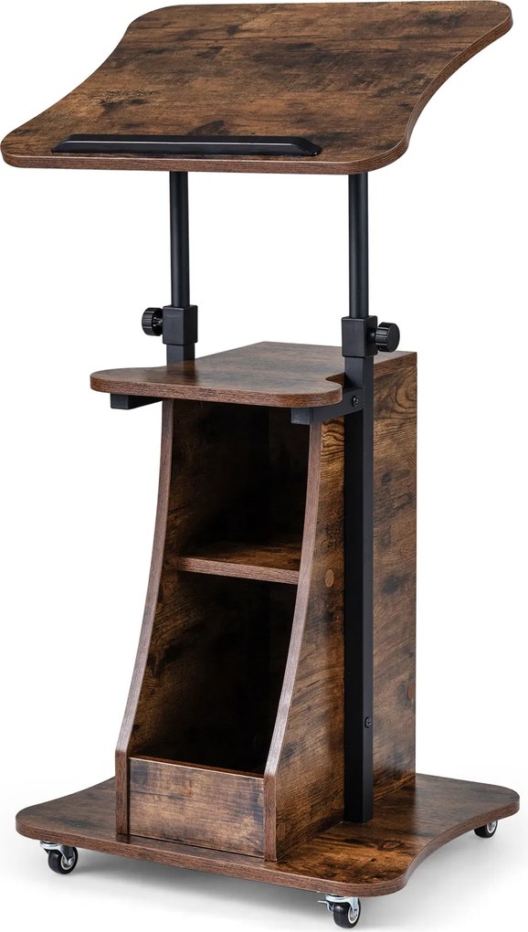 Mesa de Orador Móvel, 50 x 40 x 72-112 cm, Altura Ajustável, Castanho