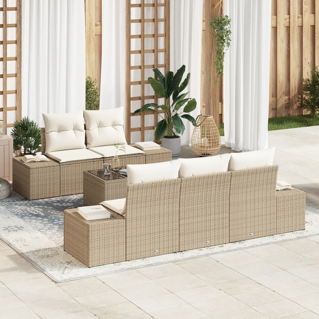 Conjunto de Sofás de Jardim de 6 Peças com Almofadas Bege Polyrattan