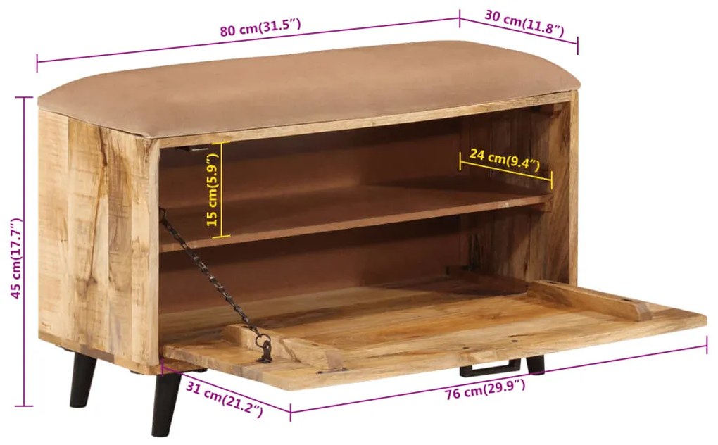 Banco sapateira 80x30x45 cm madeira de mangueira maciça