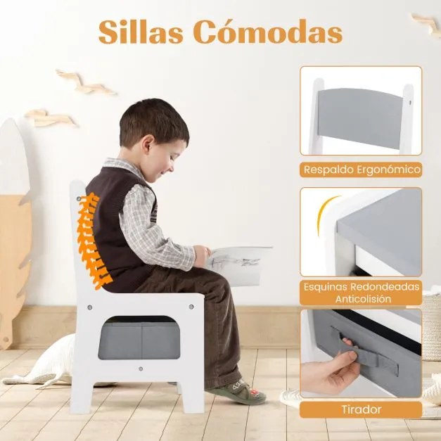 Conjunto de mesa e cadeira para crianças Mesa de actividades 4 em 1 para crianças com tampo reversível Estantes e caixas Cinzento