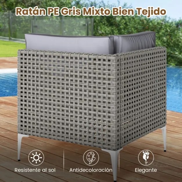 Conjunto de jardim de 5 peças em rattan com mesa de centro em vidro temperado Almofadas para assento e encosto cinza
