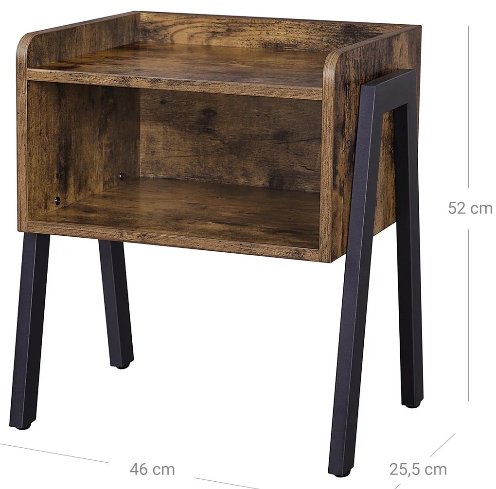 Mesa de cabeçeira ou mesa de apoio de estilo industrial com compartimento grande 42 x 52 x 35 cm Castanho Vintage-preto