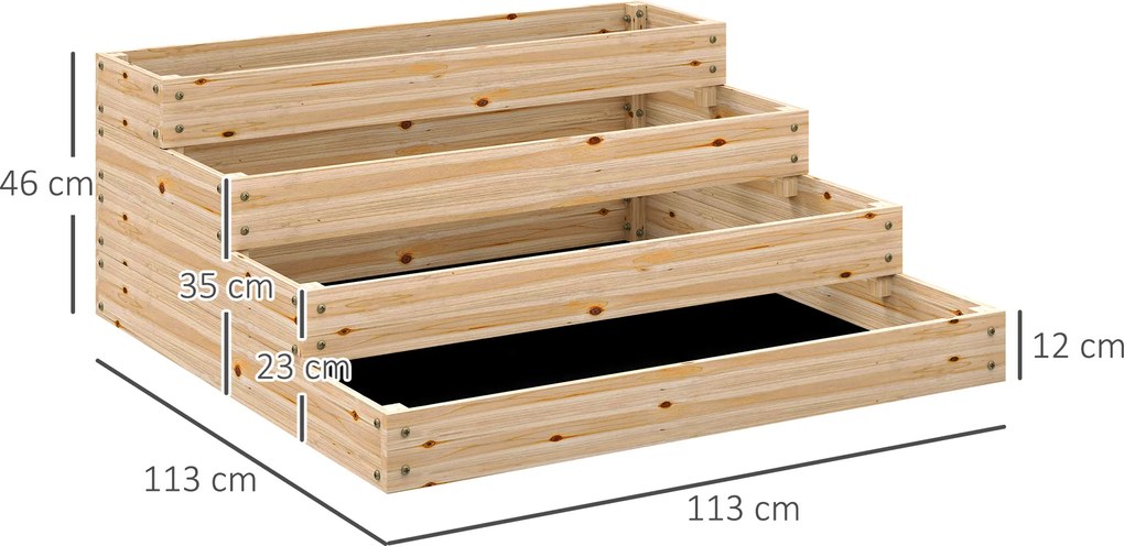 Floreira de jardim quadrada sem fundo 113 x 113 x 46 cm, com 4 níveis, para ervas aromáticas, legumes, frutas e flores, cor natural