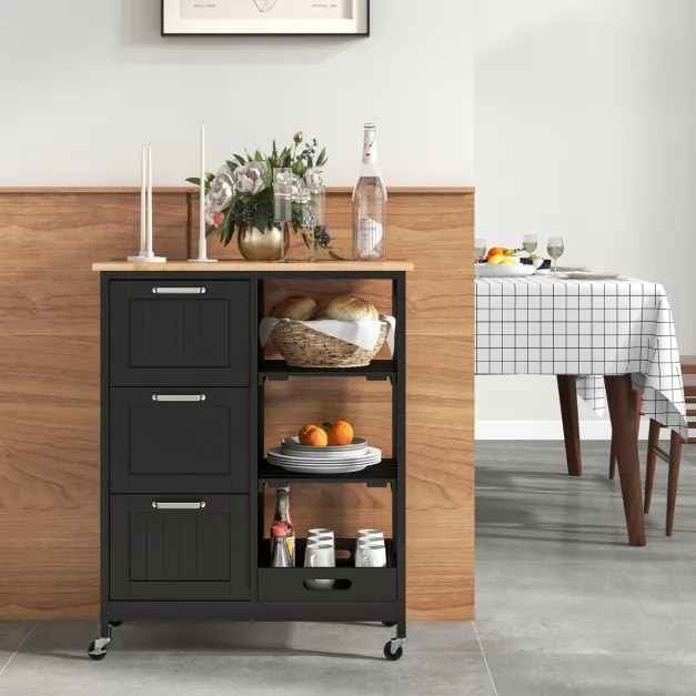 Carrinho de ilha de cozinha com tampa de madeira 3 gavetas de arrumação 2 Estantes e tabuleiro 67 x 37 x 83,5 cm Preto
