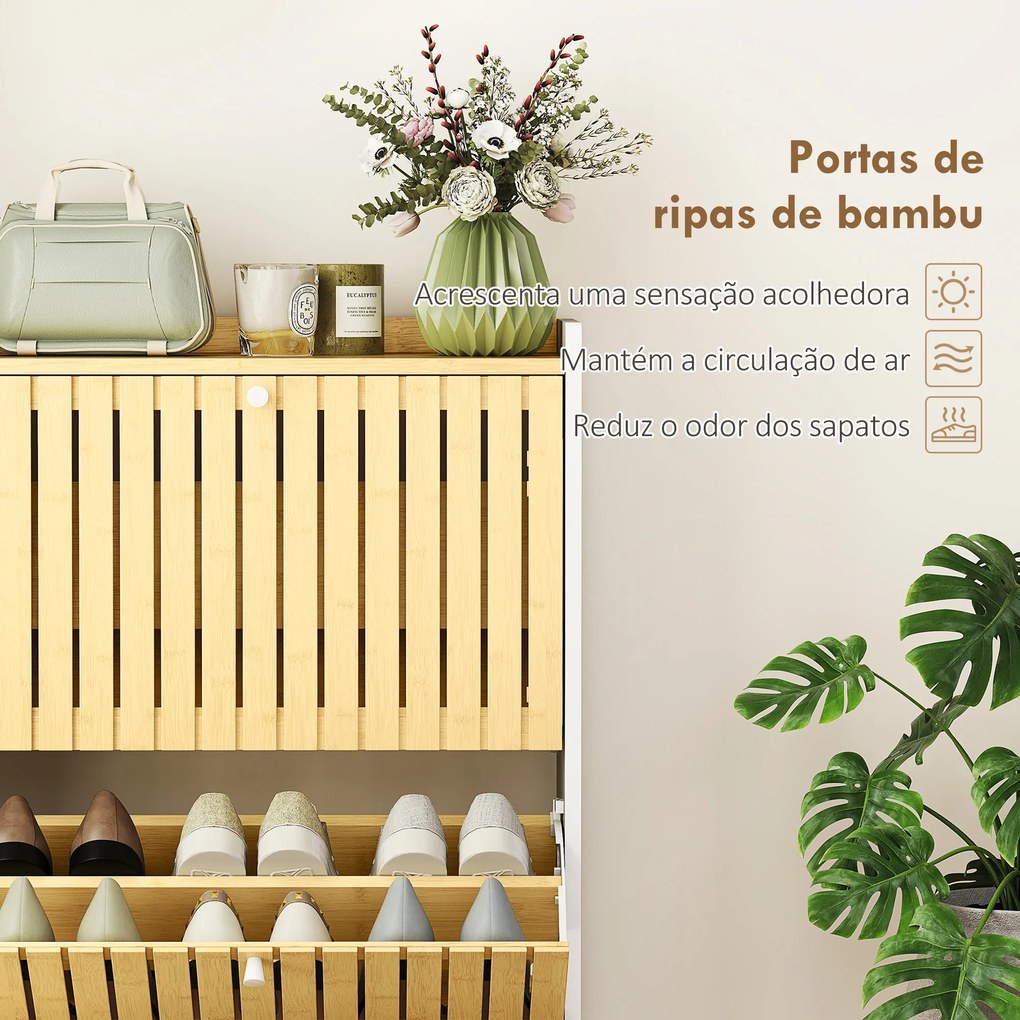 Sapateira Estreita com 2 Portas de Bambu Prateleiras Ajustáveis para 12 Pares de Sapatos 60x24x82,5 cm Branco e Madeira