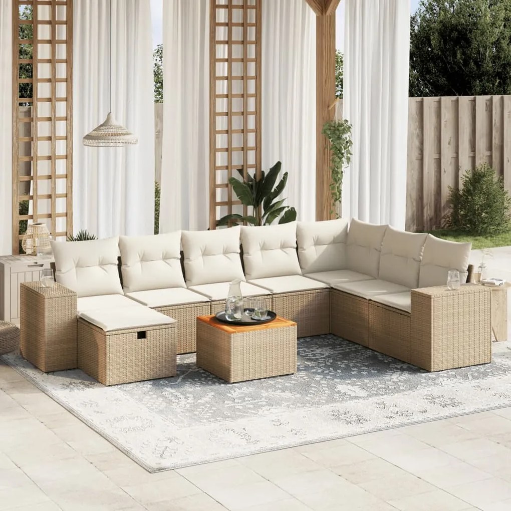 9 pcs conjunto de sofás p/ jardim com almofadões vime PE bege