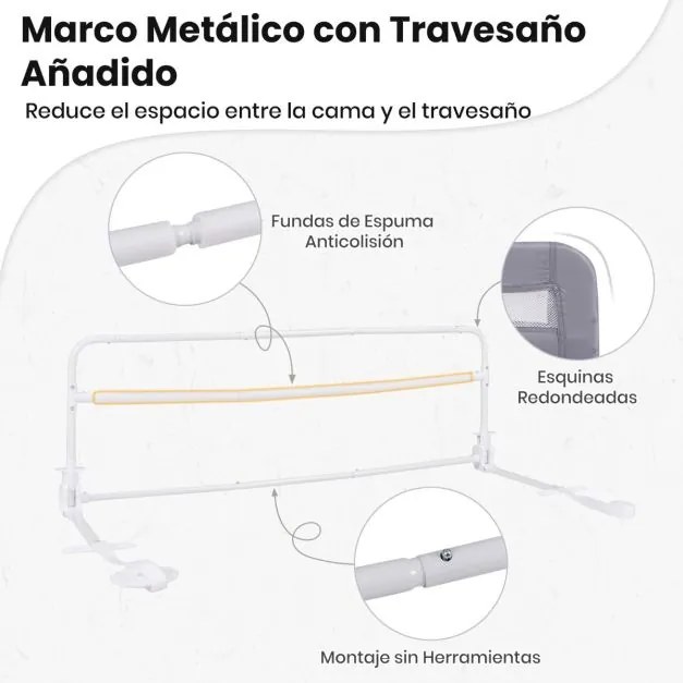 Barreira de Cama para Crianças Dobrável de 120 cm com Capa Removível e Lavável e Correia de Segurança Cinzento