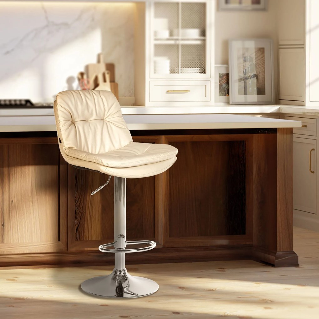 Banco de bar em couro sintético com estrutura prateada 92-113 x 46 x 54 cm cor creme