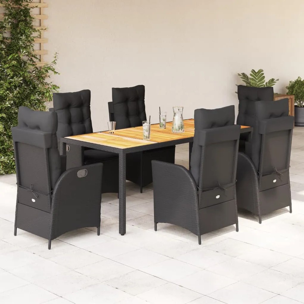 7 pcs conjunto de jantar p/ jardim c/ almofadões vime PE preto