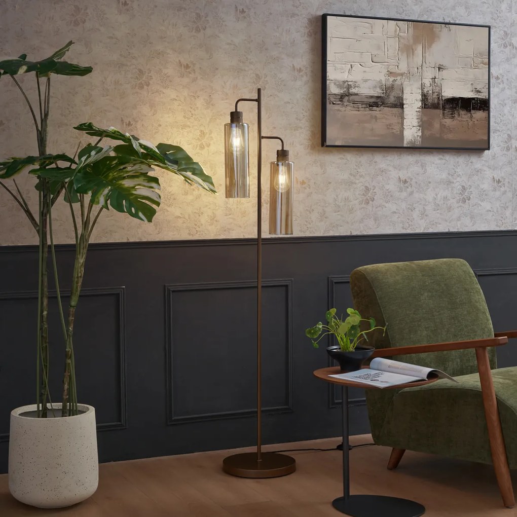 Candeeiro de pé Hotel Chic bronze escuro com vidro âmbar 2 luzes - Stavelot