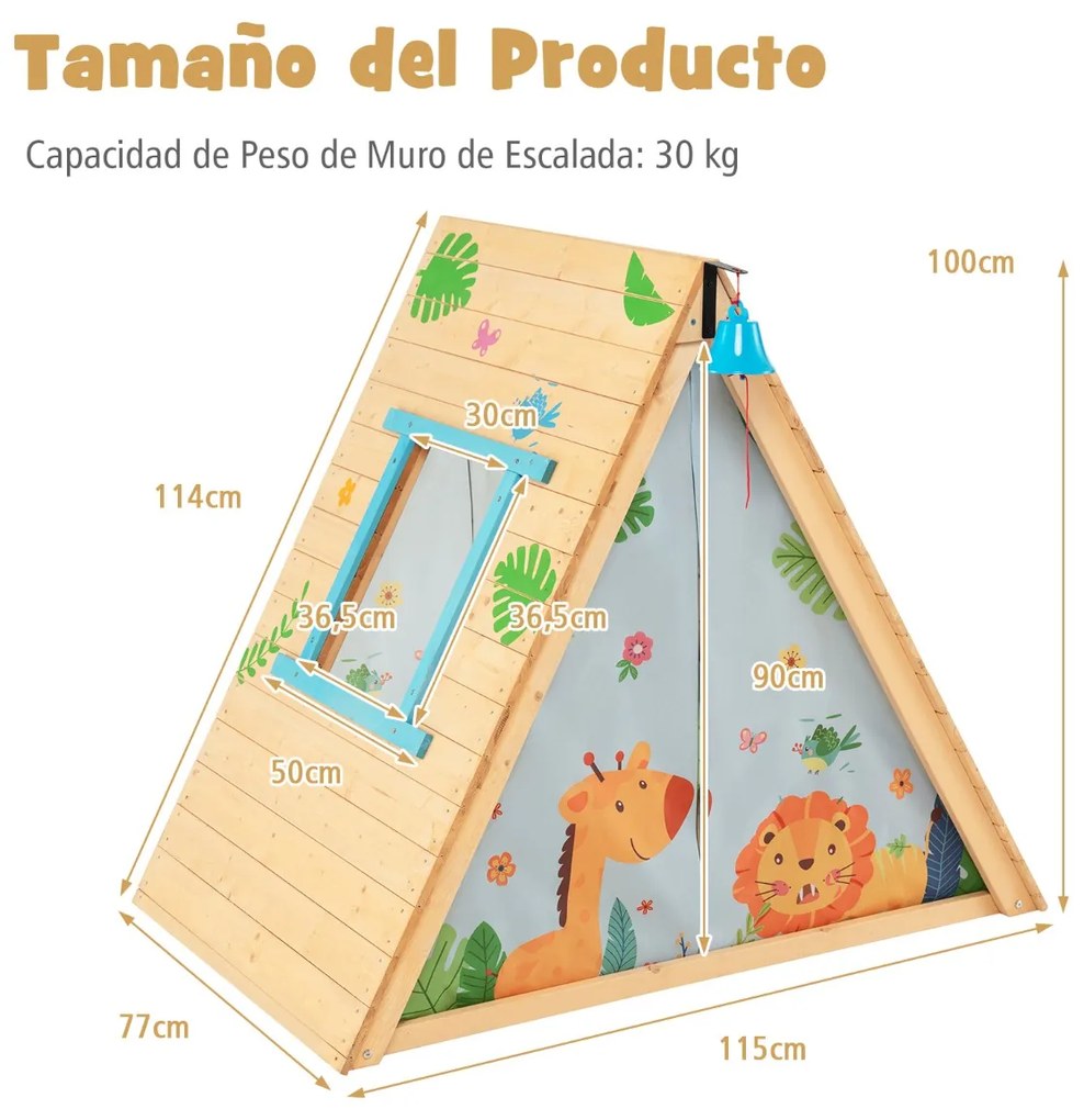 Conjunto de casa de madeira triangular 2 em 1 para 2 crianças dos 3 aos 8 anos com parede de escalada, campainha frontal e cortina amovível Natural