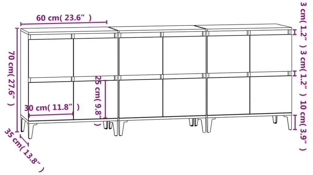 Aparadores 3 pcs 60x35x70 cm derivados madeira cinza sonoma