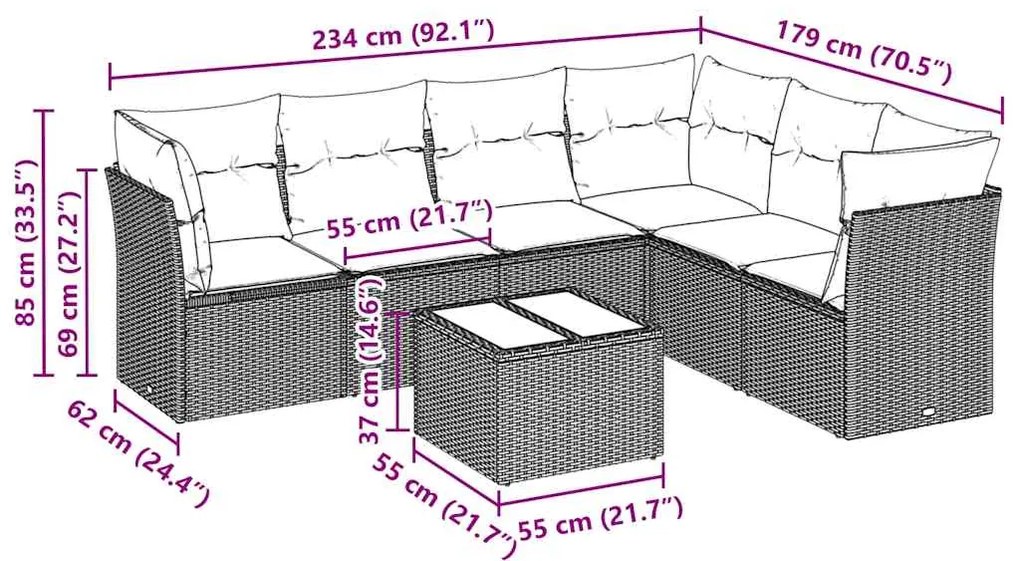 7 pcs conj. sofás jardim com almofadões vime PE cinzento-claro