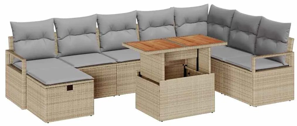 Conjunto de Sofá de Jardim 9 Peças com Almofadas Bege de Rattan Sintét