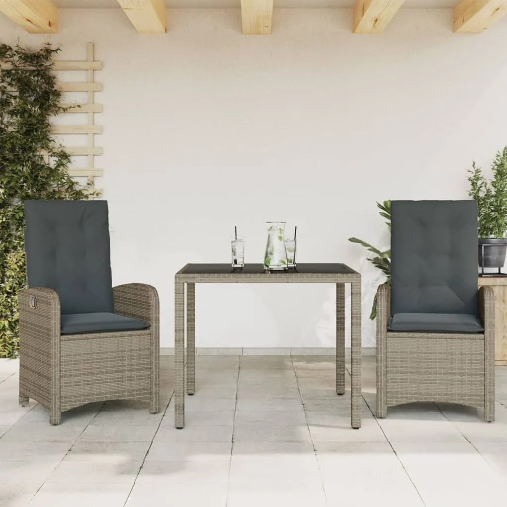 3 pcs conjunto de jantar p/ jardim c/ almofadões vime PE cinza
