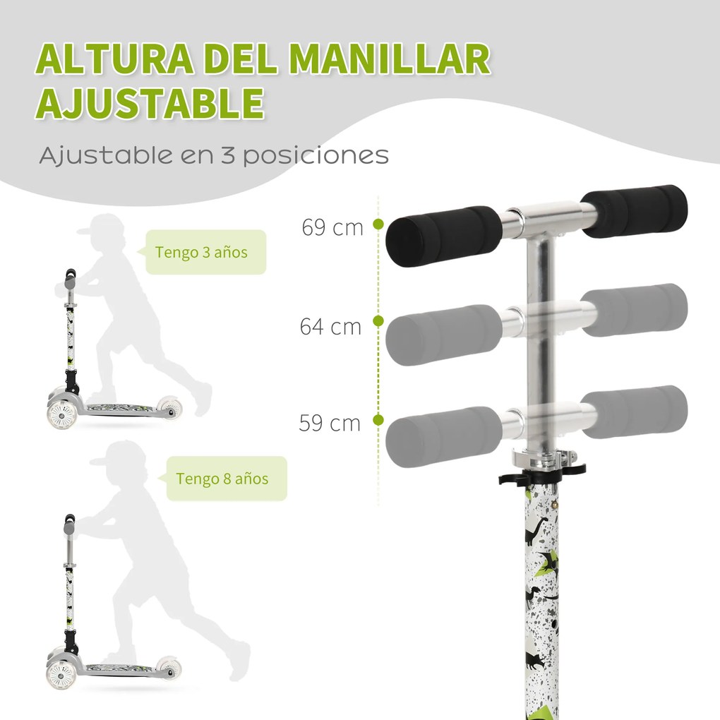 HOMCOM Trotinete para Crianças acima de 3 Anos Dobrável Trotinete com 3 Rodas com Luzes LED Guiador com Altura Ajustável e Freio Posterior Carga Máxima 50kg 54,7x32,5x59-69cm Cinza
