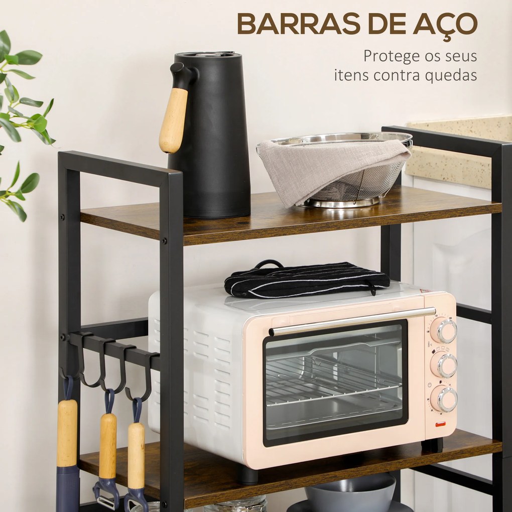 Estante de Cozinha com 4 Prateleiras Ganchos e Sistema Anti-Tombo Estante para Micro-Ondas 65x30x102 cm Castanho Rústico e Preto