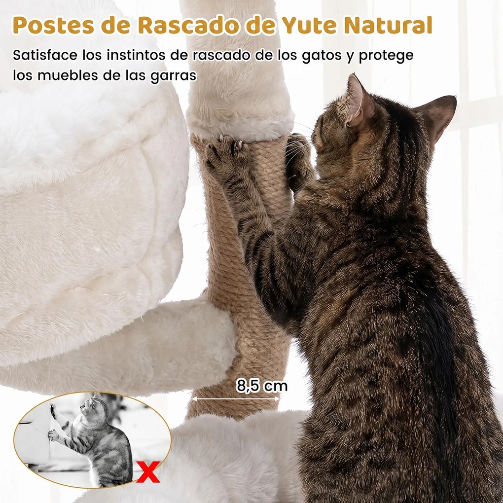 Árvore para Gatos, 58,5 x 58,5 x 132 cm, 4 Plataformas Removíveis, Branco