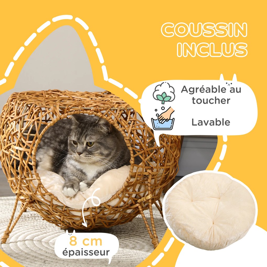Cama para gatos Ø 40 x 32 cm,, cesto para gatos, casinha de rattan para gatos, almofada grossa, castanho claro