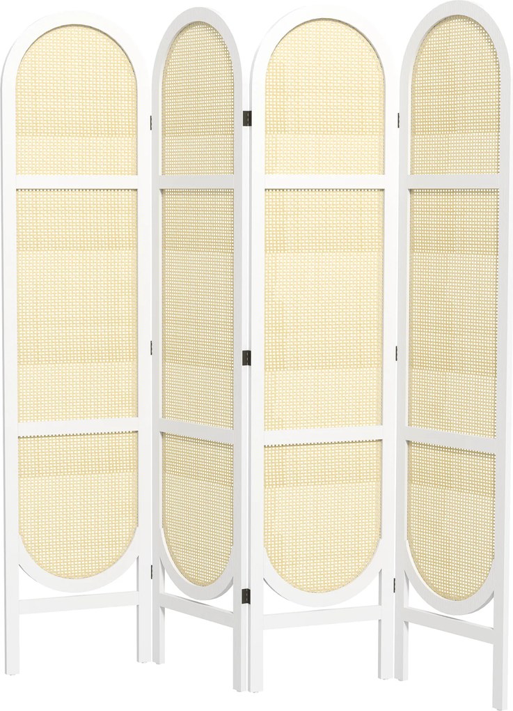 Biombo de interior em madeira com 4 painéis, 170 x 160 cm, dobrável e portátil, com padrão tecido à mão, branco