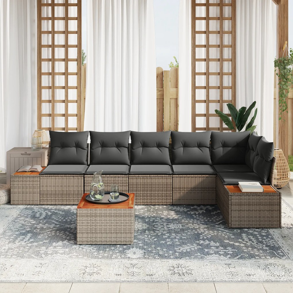 Conjunto de Sofá de Jardim vidaXL 7 Peças com Almofadas Cinza Rattan A