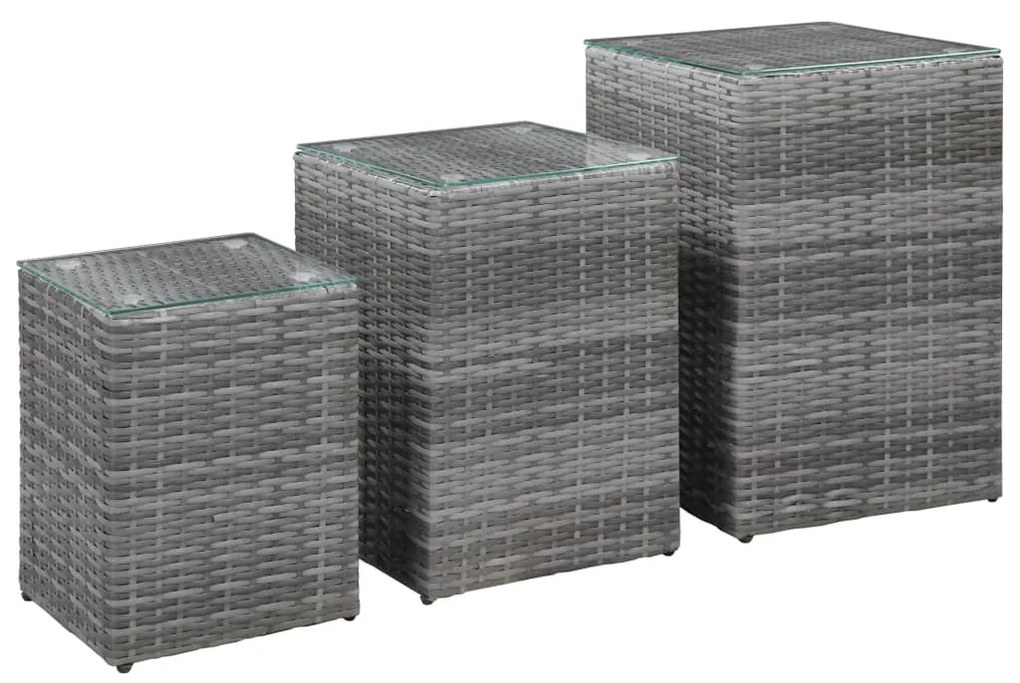 vidaXL Mesas de apoio com tampo de vidro 3 pcs vime PE cinzento