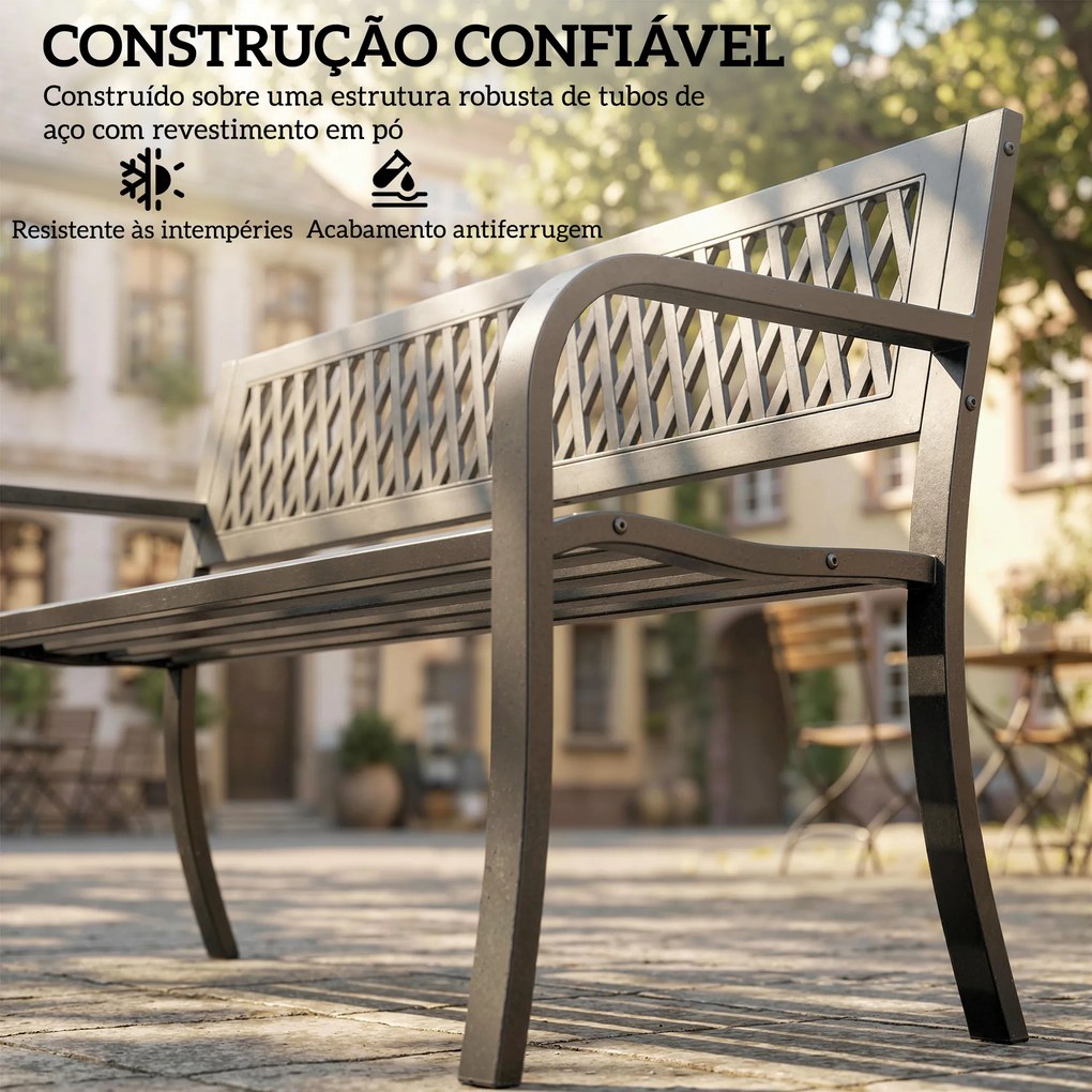 Banco de Jardim Exterior de 2 Lugares com Assento Ripado Apoios de Braço e Estrutura de Aço 119x50x75 cm Preto