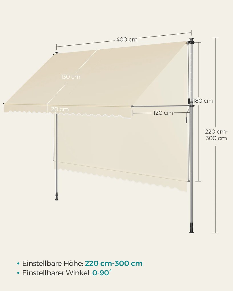 Toldo varanda 400 x 120 cm de fixação para proteção solar bege