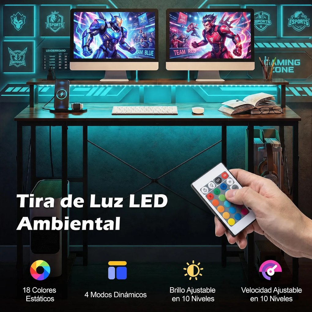 Secretária Gaming, 120 x 50 x 87 cm, Estação de Carregamento Integrada, Castanho