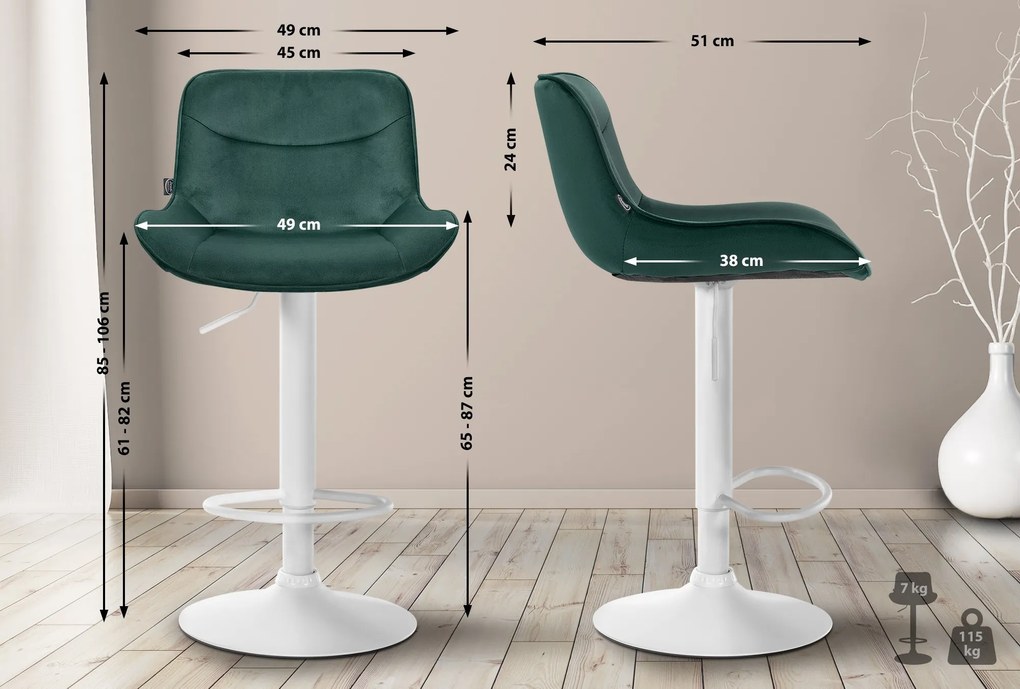 Banco alto em veludo com estrutura branca 85-106 x 49 x 51 cm verde
