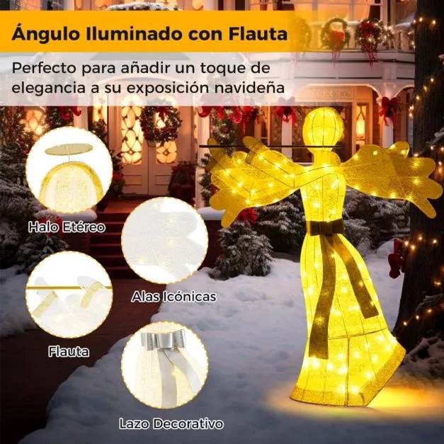 Anjo pré-iluminado Decoração de Natal artificial com 100 luzes LED 4 estacas de solo para jardim