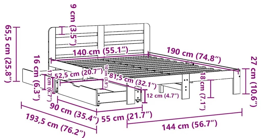 Cama sem colchão 140x190 cm pinho maciço castanho-mel