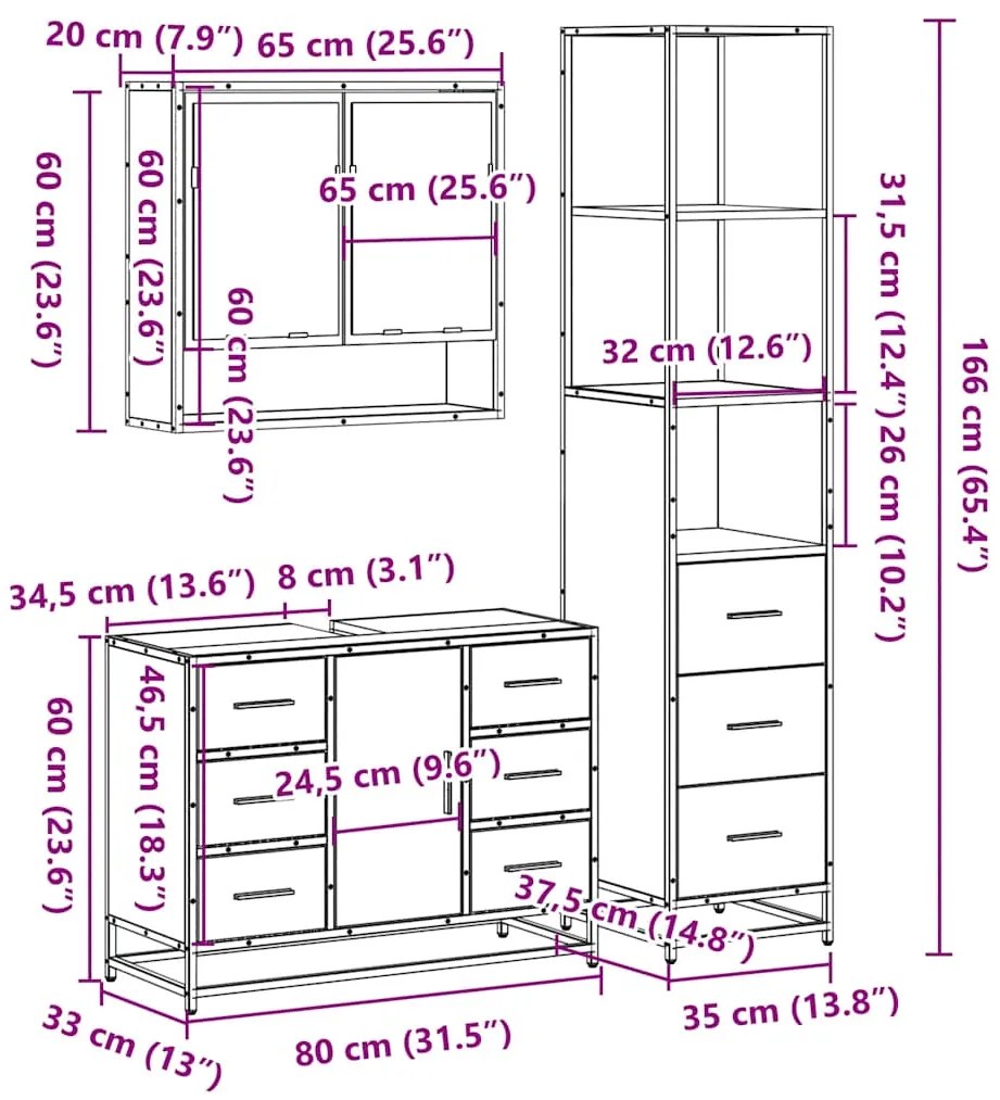 3 pcs Conjunto móveis casa de banho madeira proc. cinza sonoma