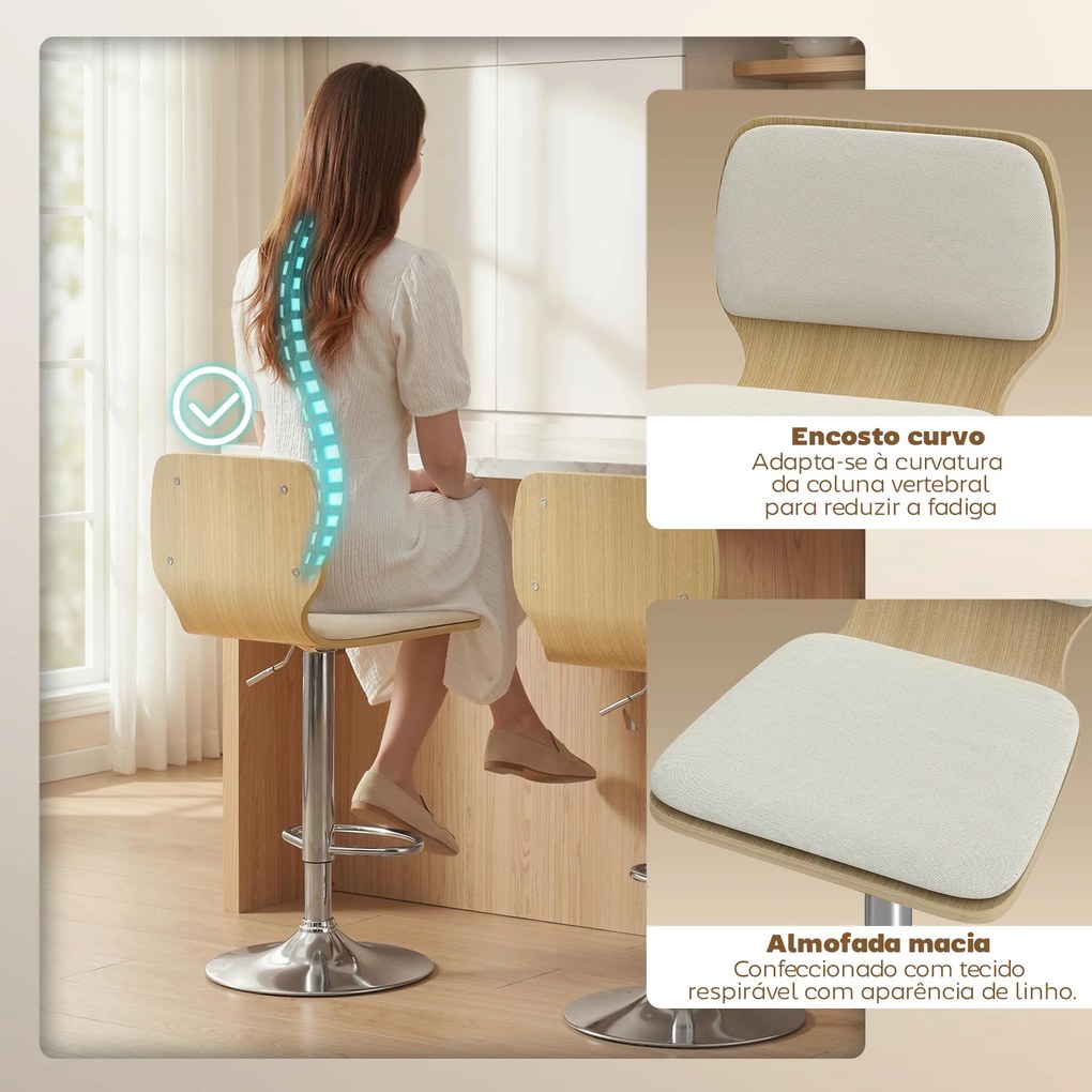 Conjunto de 2 Bancos de Bar Giratórios com Altura Ajustável Estofados em Tecido Tipo Linho com Base em Aço 41x47,5x81-102 cm  Bege