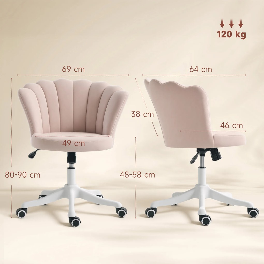 Cadeira de escritório em veludo, cadeira de Toucador com encosto em forma de pétala, altura ajustável, 69 x 64 x 80-90 cm, rosa