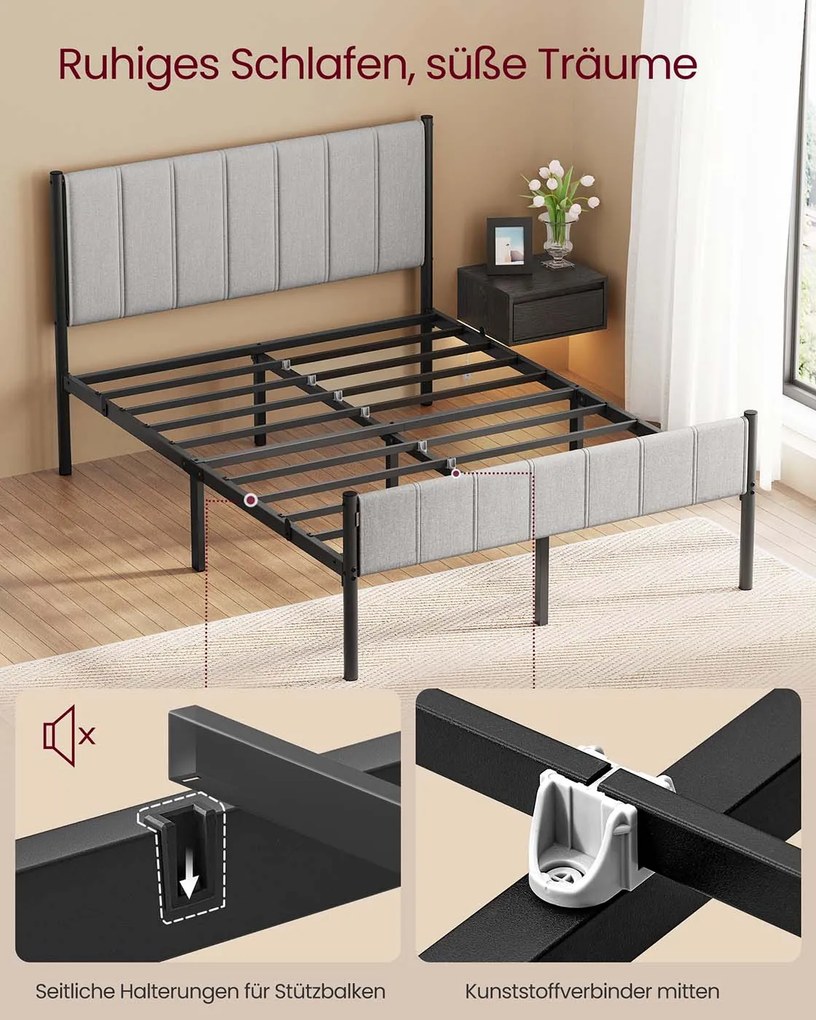 Estrutura de cama de casal 207 x 141,5 x 104 cm (COLHÃO NÃO INCLUIDO) com base em aço cinzento