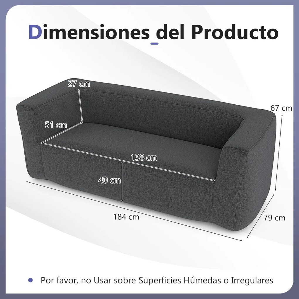 Sofá insuflável duplo portátil 184 x 79 x 67 cm com capa removível Apoios de braços largos e assento espaçoso cinzento