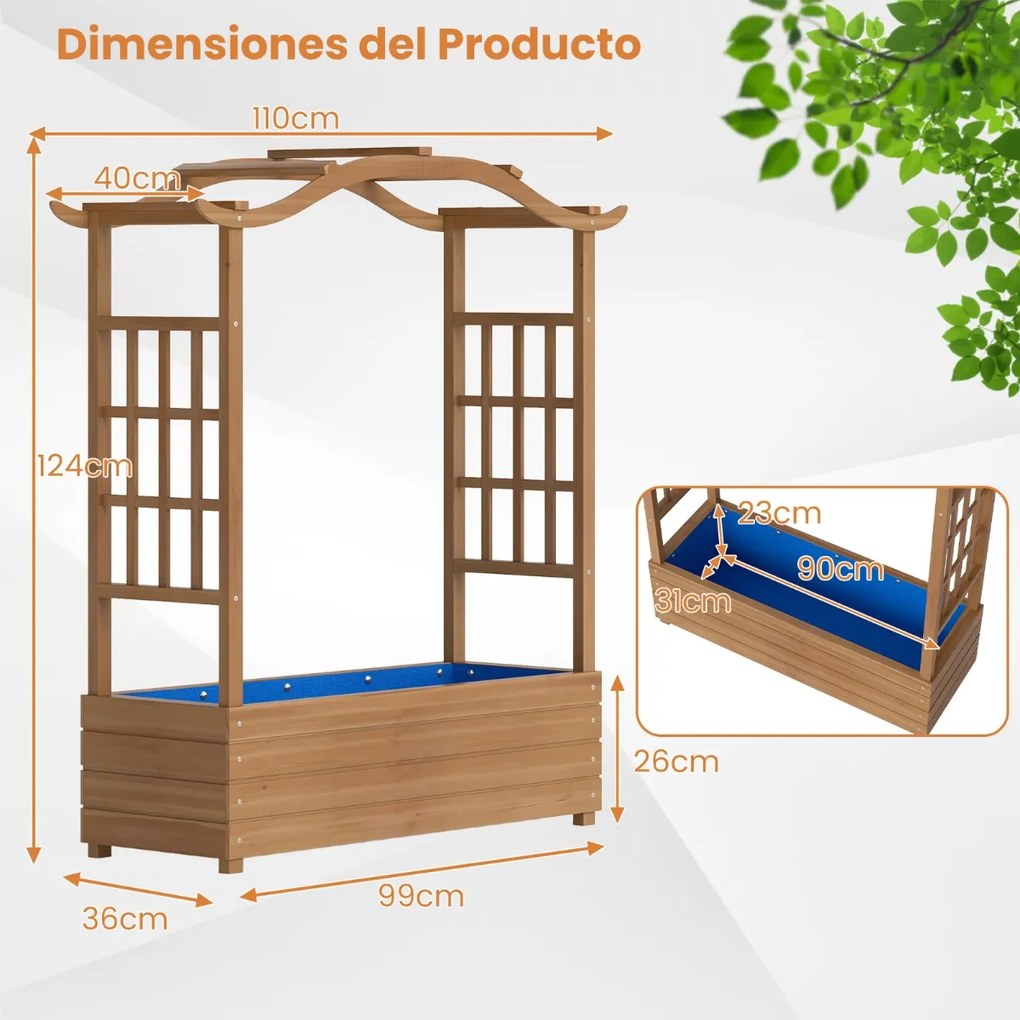 Floreira elevada com treliça 110 x 40 x 124 cm de madeira maciça com teto suspenso 2 treliças laterais Vaso inferior natural