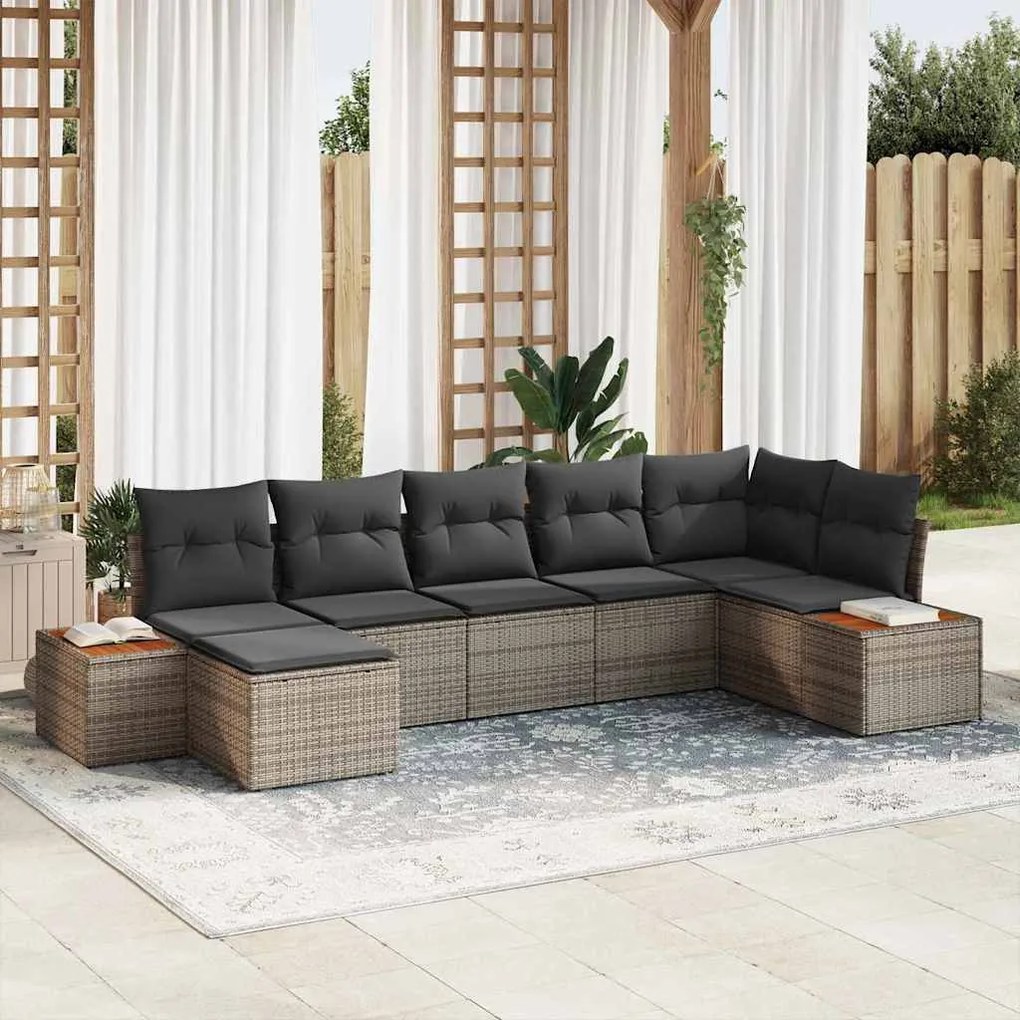 vidaXL Conjunto de Sofás de Jardim de 7 Peças com Almofadas de Polyrattan Cinza e Acácia