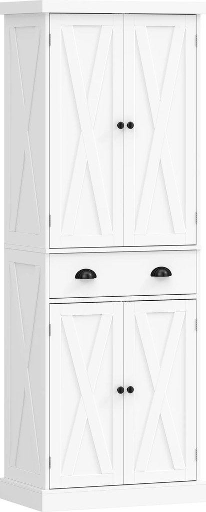 HOMCOM Armário Alto de Cozinha, Armário de Cozinha com 4 Portas, Gaveta e Prateleiras Ajustáveis, Estilo Rústico, 62x38x173cm, Branco | Aosom Portugal