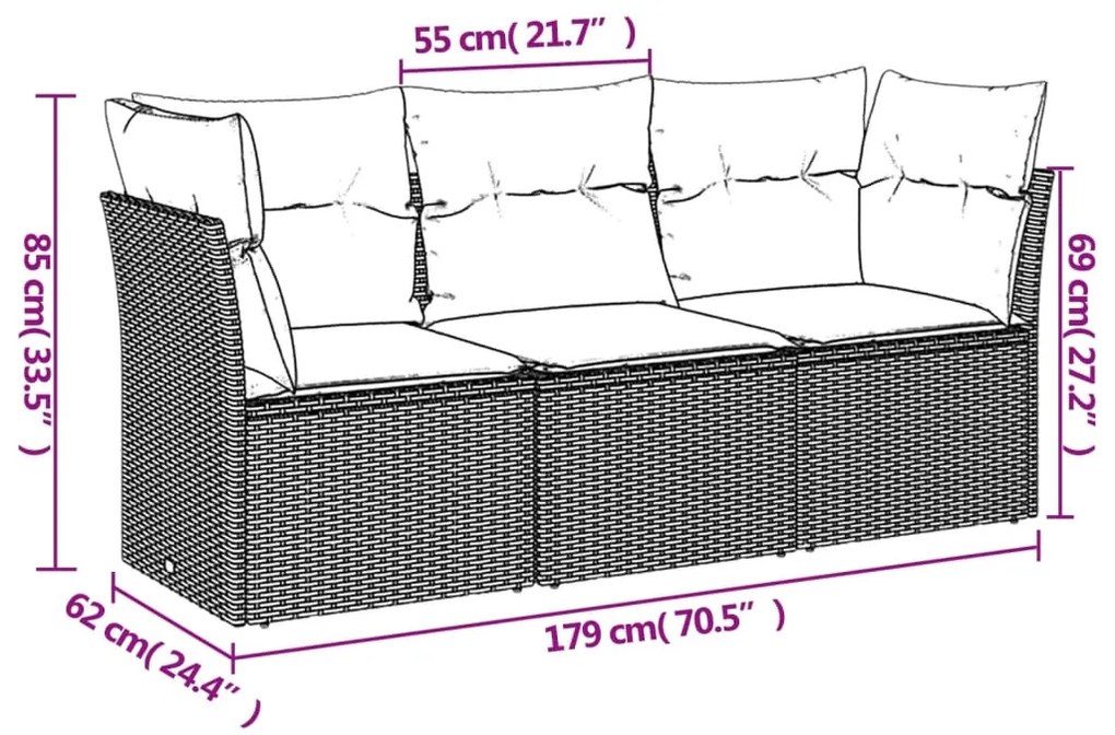 3 pcs conjunto de sofás p/ jardim com almofadões vime PE bege