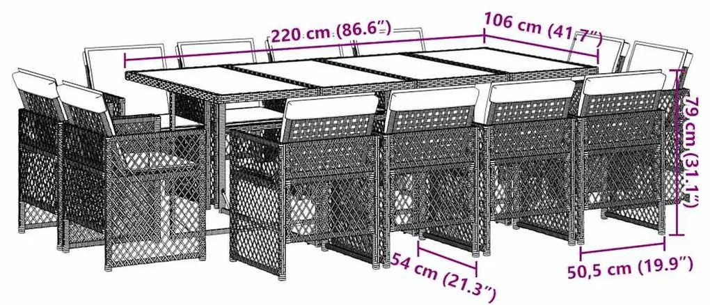 13 pcs conj. jantar jardim c/ almofadões vime PE cinzento-claro