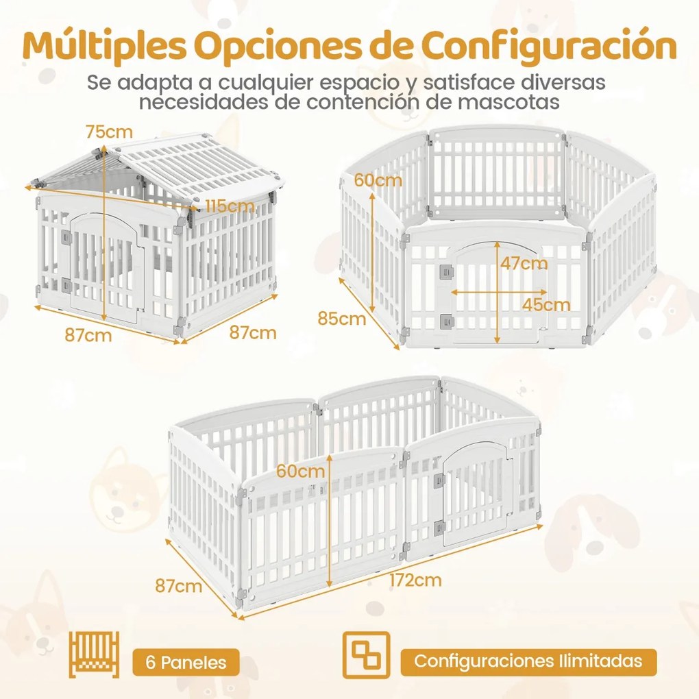 Parque para animais de estimação com 6 painéis e porta com fecho de segurança Ideal para cães pequenos e médios Interior e exterior Branco