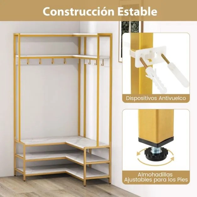 Guarda roupa aberto, móvel entrada de canto com prateleiras abertas e ganchos Banco para sapatos Estrutura metálica sólida 90 x 90 x 178 cm Branco