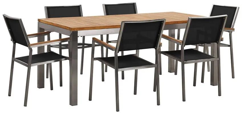 Conjunto de mesa com tampo em madeira de teca 180 x 90 cm e 6 cadeiras pretas GROSSETO