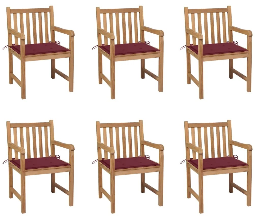 vidaXL Cadeiras de jardim almofadões vermelho tinto 6 pcs teca maciça