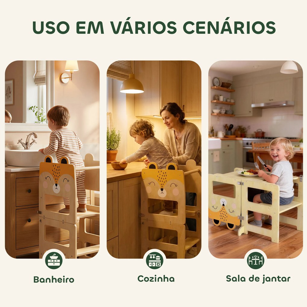 Torre de Aprendizagem 3 em 1 Dobrável Conversível em Secretária e Cadeira com Quadro Estampas de Raposas Madeira