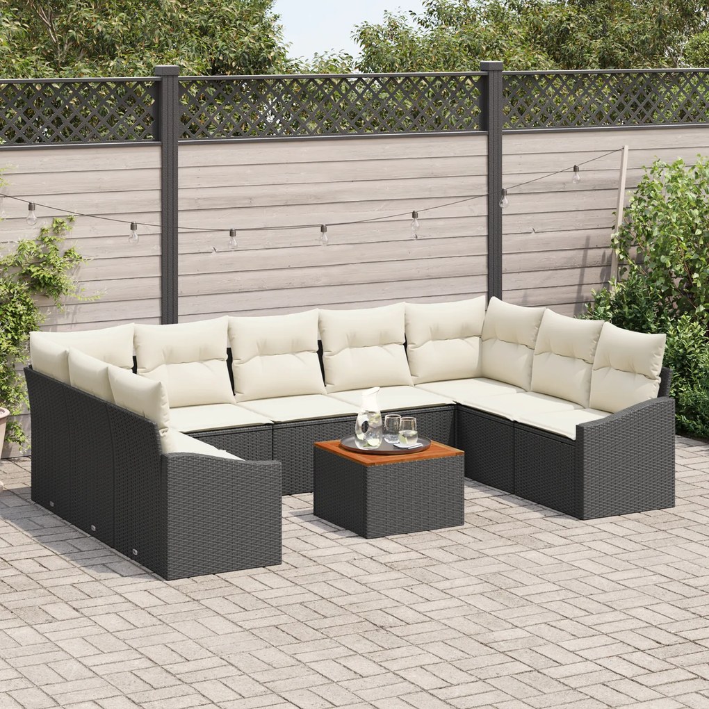 Conjunto de Sofá de Jardim de 10 Peças com Almofadas Preto Rattan Acác